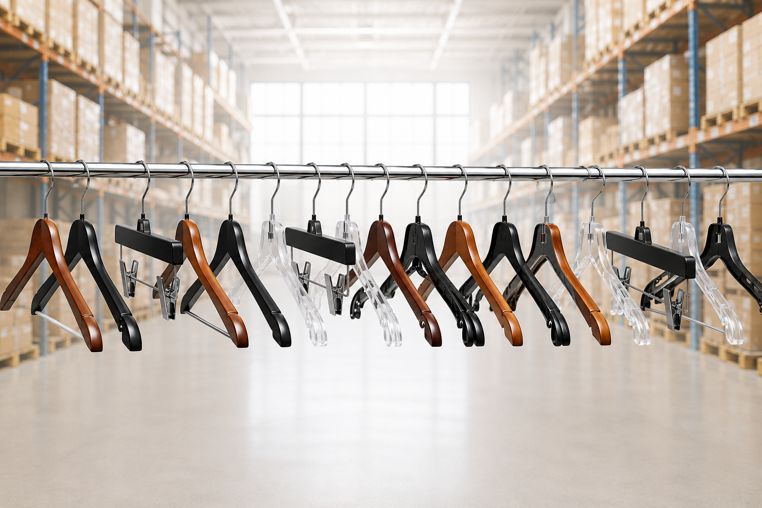 Assorted wholesale retail hangers displayed on a warehouse rack
